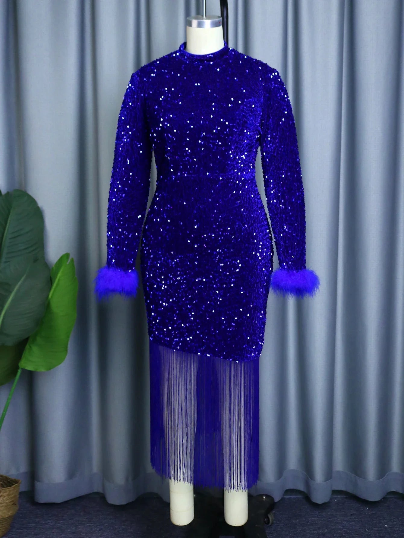 Women Dress Velvet Shiny Glitter Sequin Long Sleeves Feather Tassel Package Hip Celebrate Occasion Birthday African Plus Size eprolo