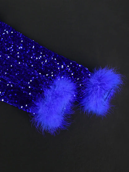 Women Dress Velvet Shiny Glitter Sequin Long Sleeves Feather Tassel Package Hip Celebrate Occasion Birthday African Plus Size eprolo