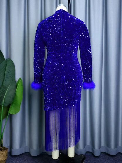 Women Dress Velvet Shiny Glitter Sequin Long Sleeves Feather Tassel Package Hip Celebrate Occasion Birthday African Plus Size eprolo