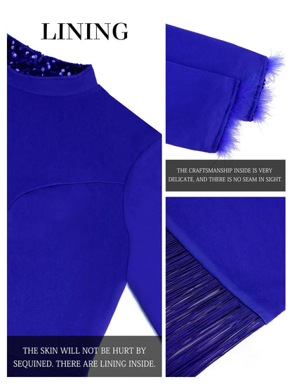 Women Dress Velvet Shiny Glitter Sequin Long Sleeves Feather Tassel Package Hip Celebrate Occasion Birthday African Plus Size eprolo
