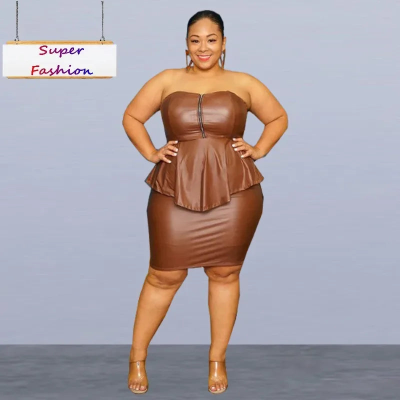 Plus Size PU Two-Piece Club Set - Tube Top & Bodycon Skirt (XL-5XL) - Shello's Creative Boutique