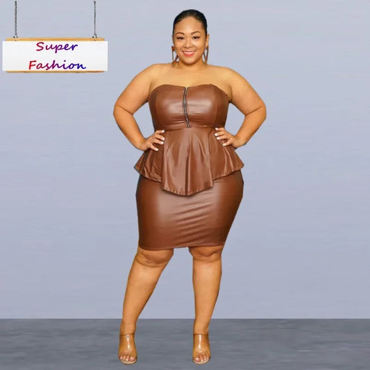 Plus Size PU Two-Piece Club Set - Tube Top & Bodycon Skirt (XL-5XL) - Shello's Creative Boutique