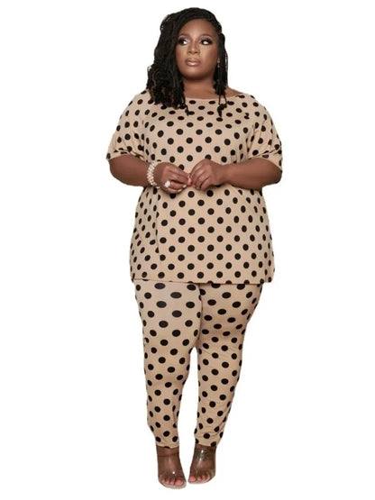 Plus Size Dot Print Two-Piece Set - Casual Summer Top & Pants (XL-5XL) - Shello's Creative Boutique