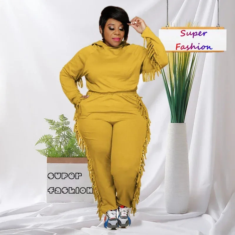 Plus Size Winter Hoodie Sweatsuit - Tassel Two-Piece Set XL-5XL - Shello's Creative Boutique