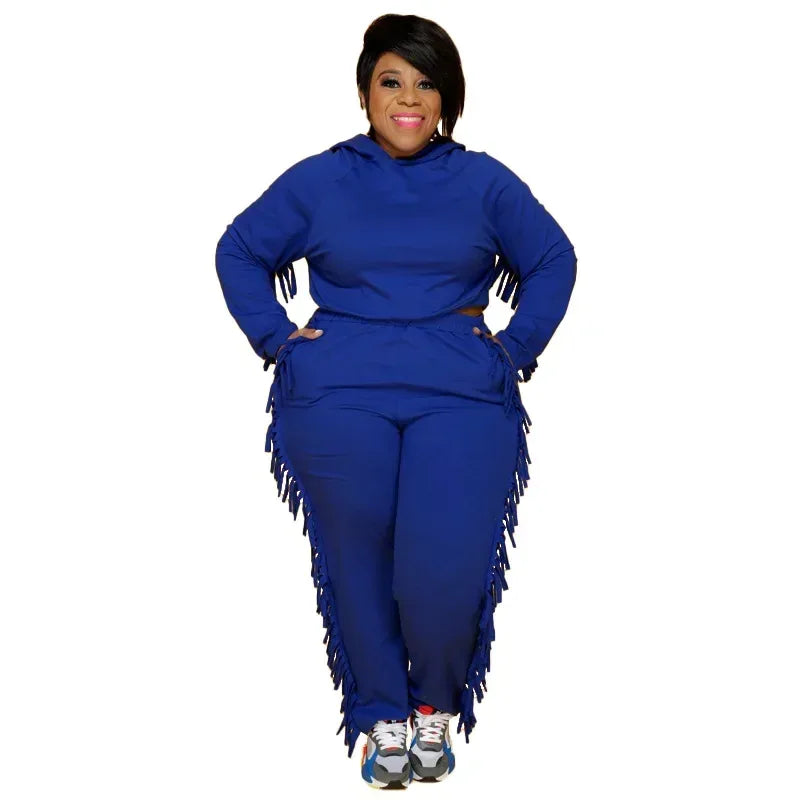 Plus Size Winter Hoodie Sweatsuit - Tassel Two-Piece Set XL-5XL - Shello's Creative Boutique