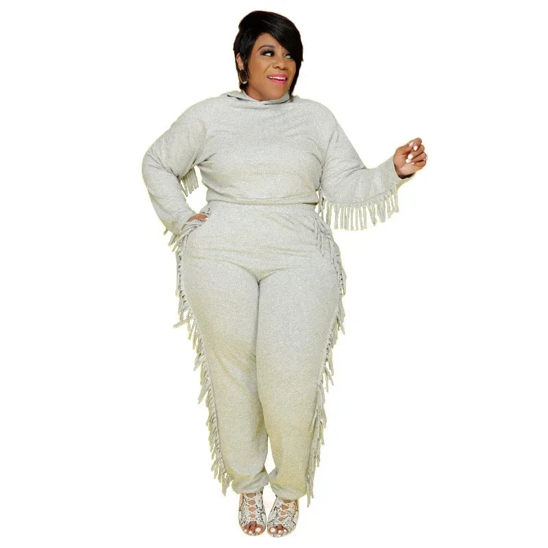 Plus Size Winter Hoodie Sweatsuit - Tassel Two-Piece Set XL-5XL - Shello's Creative Boutique