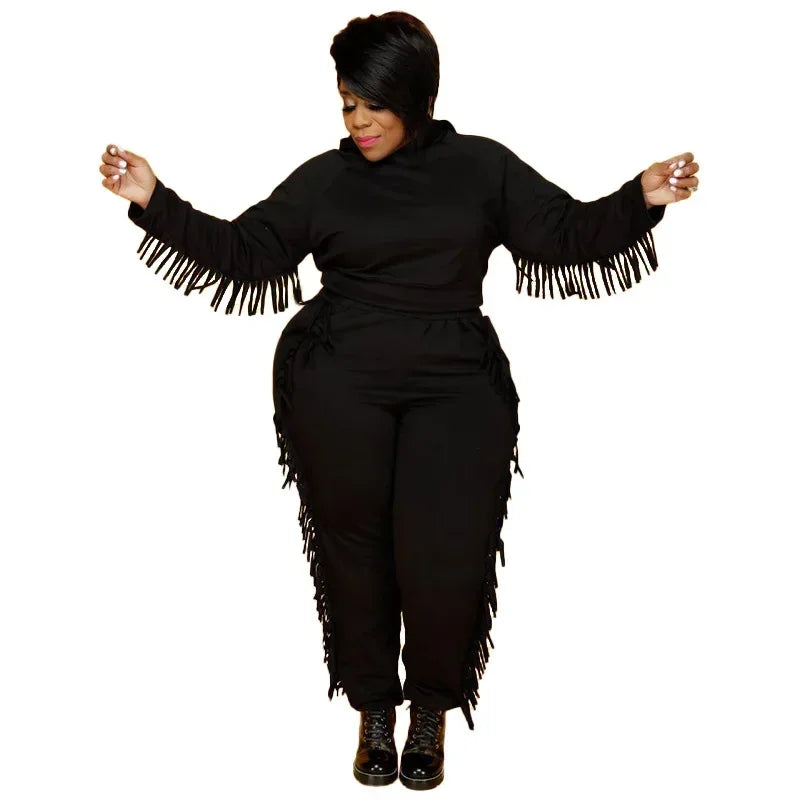 Plus Size Winter Hoodie Sweatsuit - Tassel Two-Piece Set XL-5XL - Shello's Creative Boutique