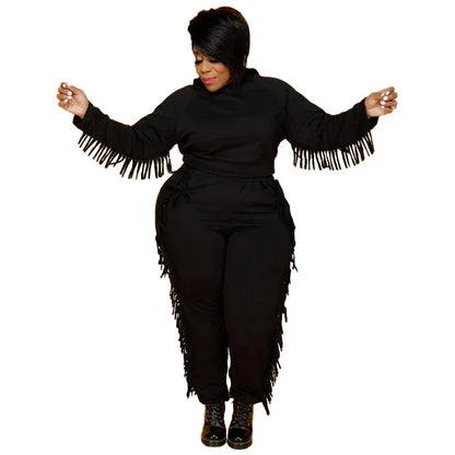 Plus Size Winter Hoodie Sweatsuit - Tassel Two-Piece Set XL-5XL - Shello's Creative Boutique