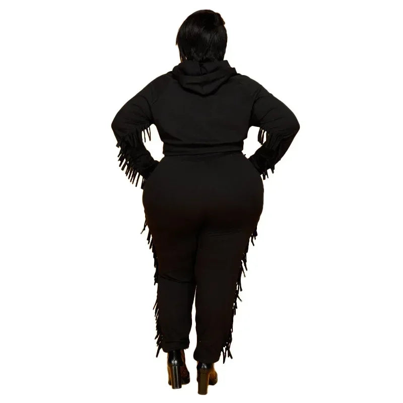 Plus Size Winter Hoodie Sweatsuit - Tassel Two-Piece Set XL-5XL - Shello's Creative Boutique