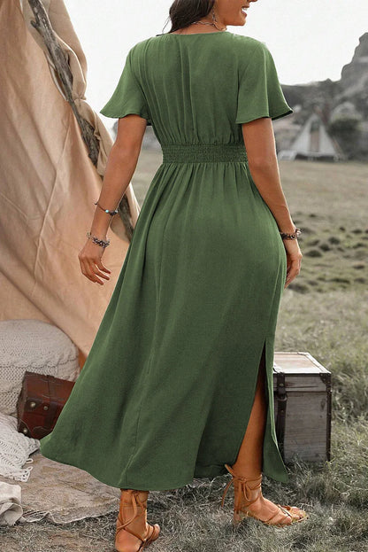 Green Surplice Neckline Smocked High Waist Plus Size Maxi Dress - Shello's Creative Boutique