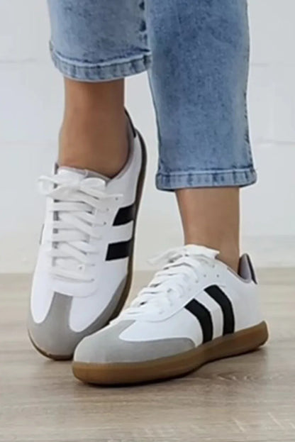 White Striped Lace Up Flat Sneakers - Shello's Creative Boutique