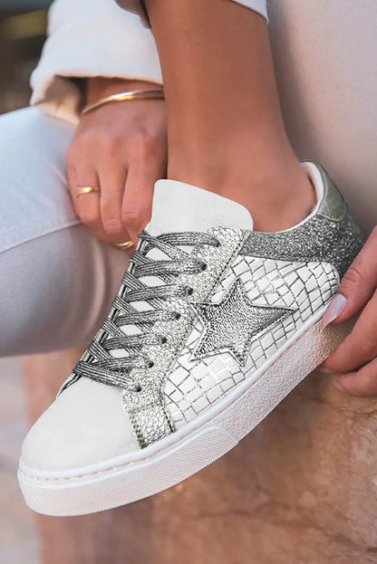 Silver Glitter Star Sneakers - PU Leather Patchwork Trainers - Shello's Creative Boutique