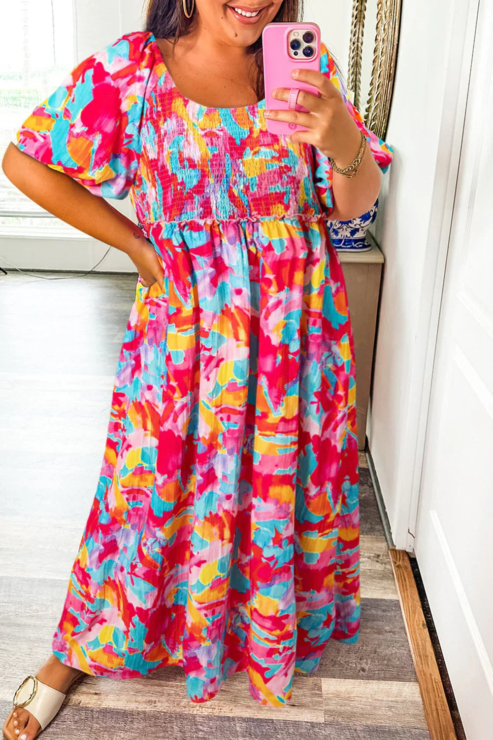 Rose Abstract Print Puff Sleeve Backless Smocked Plus Size Dress - Shello's Creative Boutique