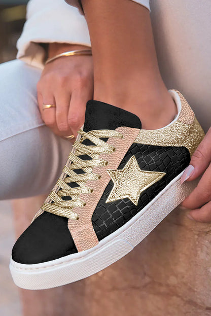 Silver Glitter Star Sneakers - PU Leather Patchwork Trainers - Shello's Creative Boutique