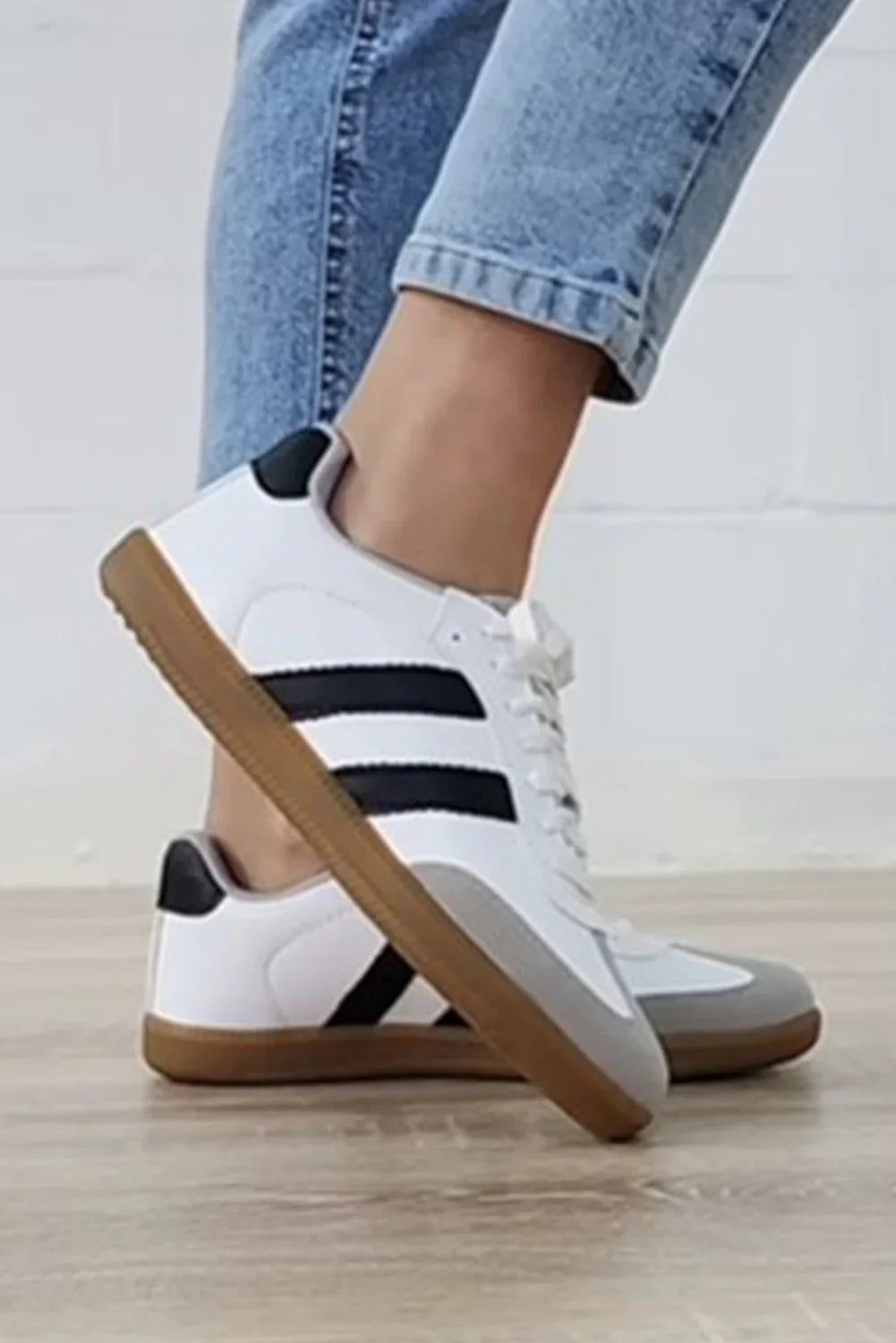 White Striped Lace Up Flat Sneakers - Shello's Creative Boutique