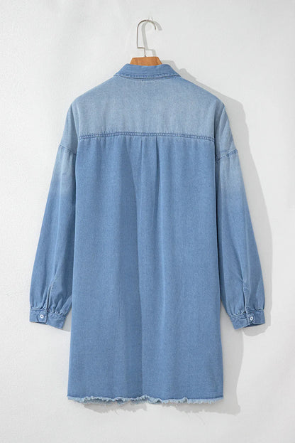 Beau Blue Denim Shirt Dress - Washed Raw Hem Casual Dress - Shello's Creative Boutique