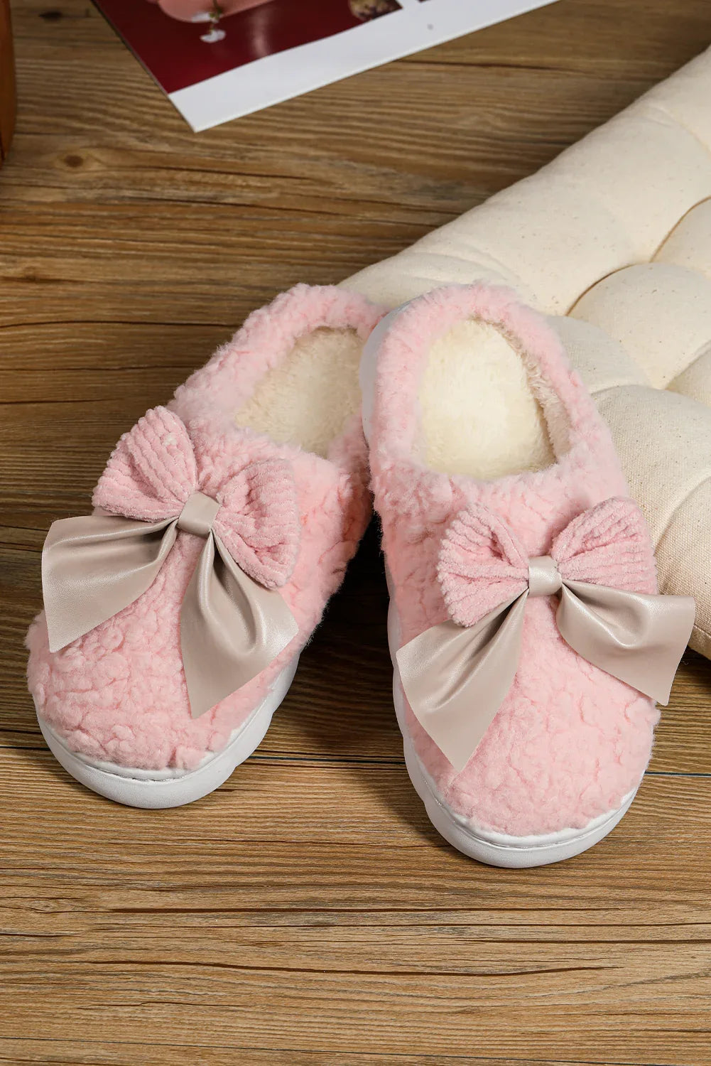 White Contrast Bowknot Applique Plush Winter Slippers - Shello's Creative Boutique