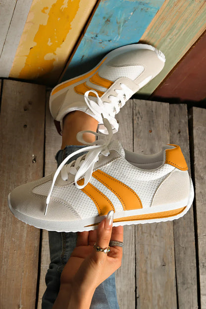 White Patchwork Breathable Lace-Up Sneakers – Style Meets Comfort in Every Step - Shello's Creative Boutique