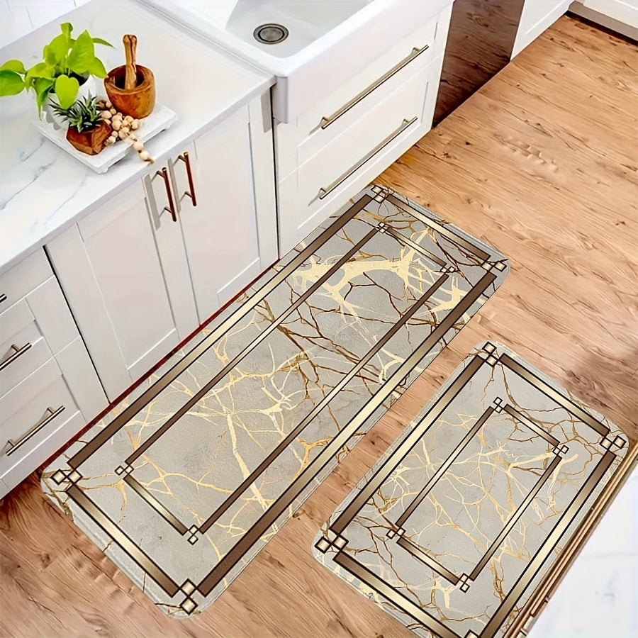 2/3 Piece Spring Summer Kitchen Mat Set - Marble Gold Plated Design Absorbent Washable Floor Mats