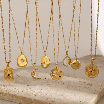 18K gold moon and star inlaid gemstone design high-end necklace - Shello's Creative Boutique