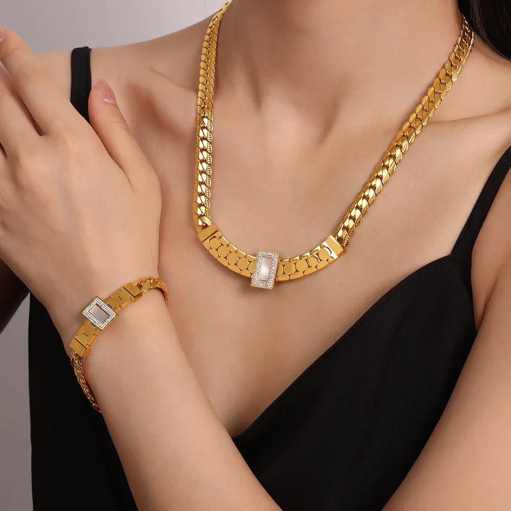 18K gold exquisite light luxury geometric inlaid zircon and gemstone design versatile bracelet necklace set - Shello's Creative Boutique