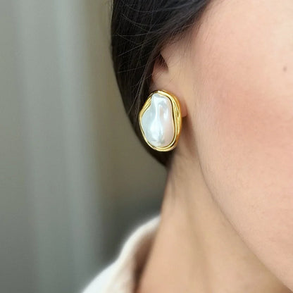18K gold geometric inlaid irregular pearl design high-end earrings necklace ring set - Shello's Creative Boutique