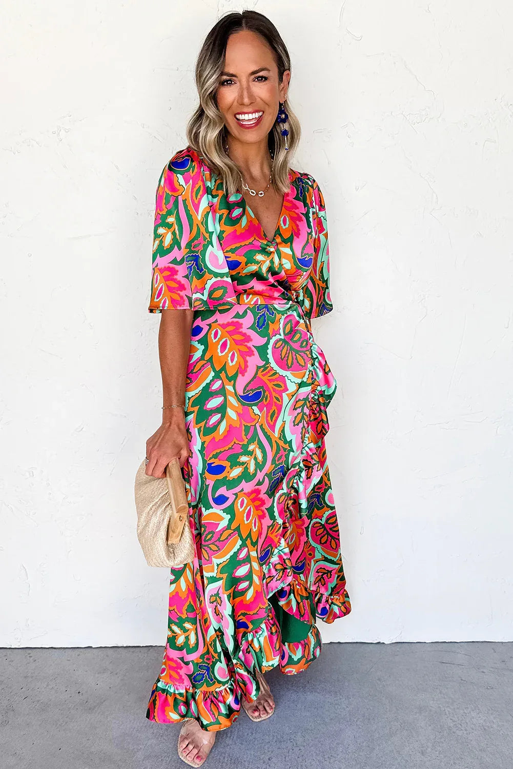 Rose Tropical Plant Print Surplice V Neck Ruffle Hem Maxi Dress - Shello's Creative Boutique