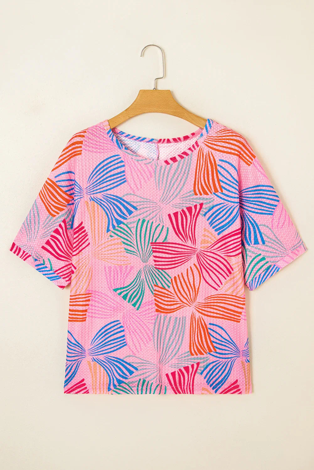 Pink Bowknot Print Waffle Loose Tee - Shello's Creative Boutique