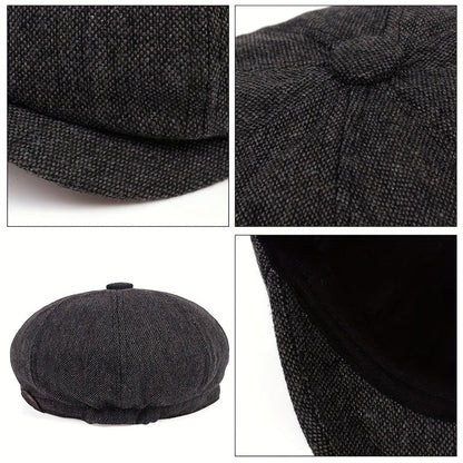 Men&Apos;S Retro Herringbone Flat Cap - Black Casual Beret with Vintage Style, Knitted Polyester, Perfect for Valentine&Apos;S Day, Everyday Headwear | Vintage Flat Cap | Knitted Texture Shello's Creative Boutique