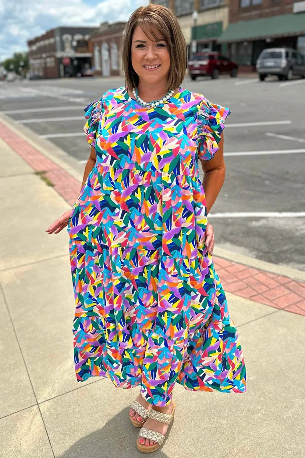 Blue Abstract Print Ruffle Sleeve Plus Size Tiered Maxi Dress - Shello's Creative Boutique