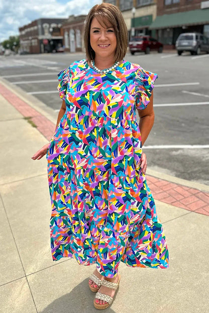 Blue Abstract Print Ruffle Sleeve Plus Size Tiered Maxi Dress - Shello's Creative Boutique