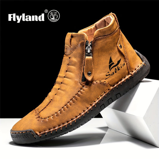 [Comfortable Wear-resistant Ankle Boots] FLYLAND Men's Ankle Boots Vintage Style Comfortable Wear-resistant Non-slip Stitch Boots Outdoor Shoes For Hiking Trekking Climbing Shello's Creative Boutique