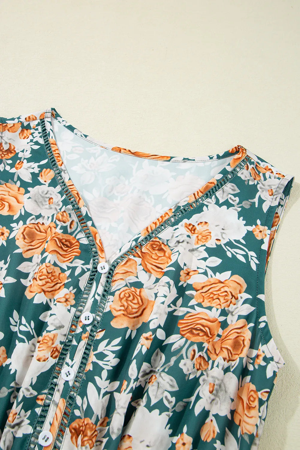 Sky Blue Floral Print Trimmed V Neck Sleeveless Vacation Dress - Shello's Creative Boutique
