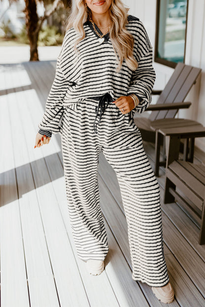 White Stripe Collared Pullover & Drawstring Pants Set - Two Piece Outfit