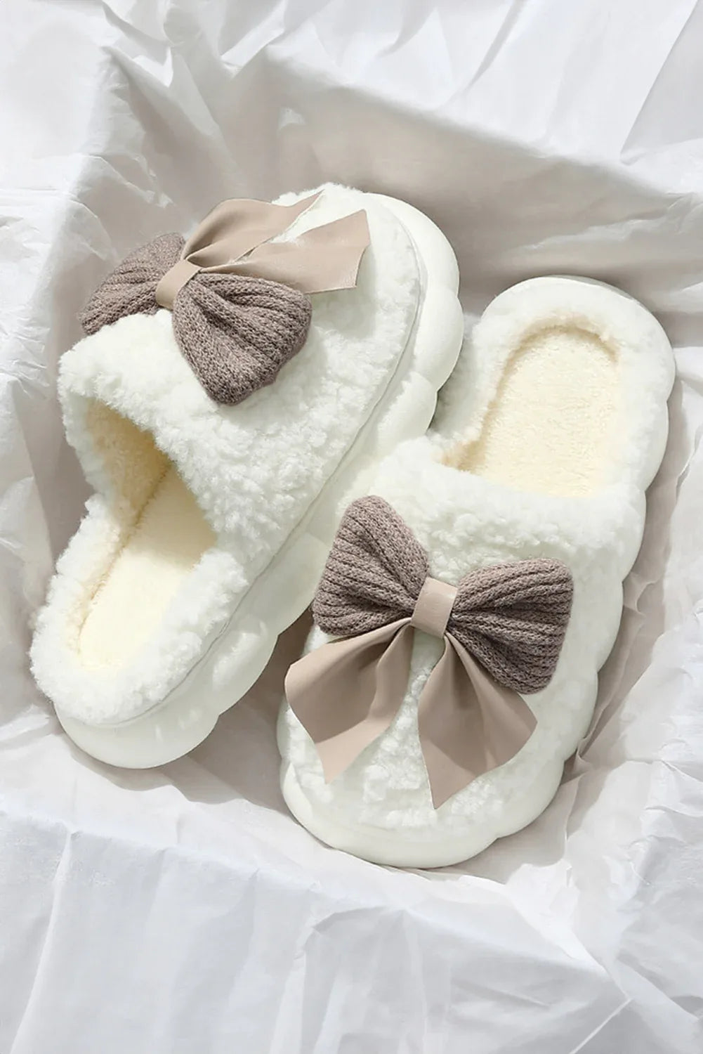 White Contrast Bowknot Applique Plush Winter Slippers - Shello's Creative Boutique