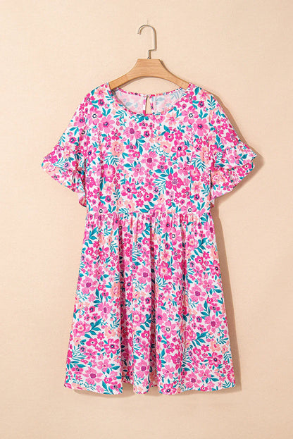 Plus Size Floral Print Ruffle Short Sleeve Flare Dress - Boho Elegance Meets Effortless Style! - Shello's Creative Boutique