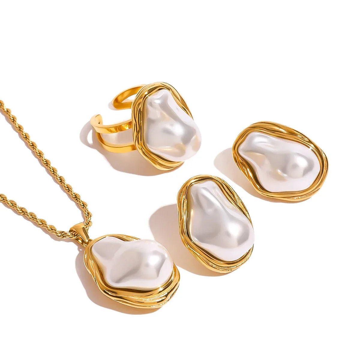 18K gold geometric inlaid irregular pearl design high-end earrings necklace ring set - Shello's Creative Boutique