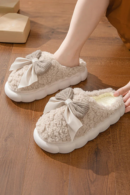 White Contrast Bowknot Applique Plush Winter Slippers - Shello's Creative Boutique