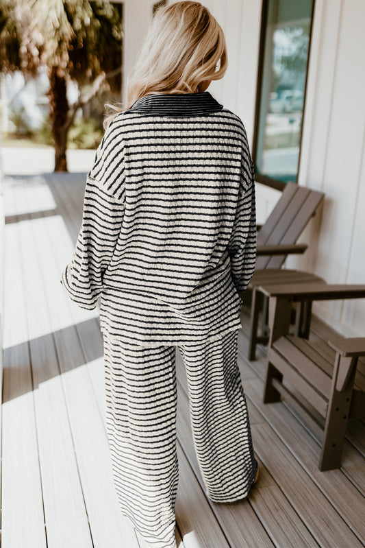 White Stripe Collared Pullover Drawstring Pants Set – Effortless Elegance for Everyday Style