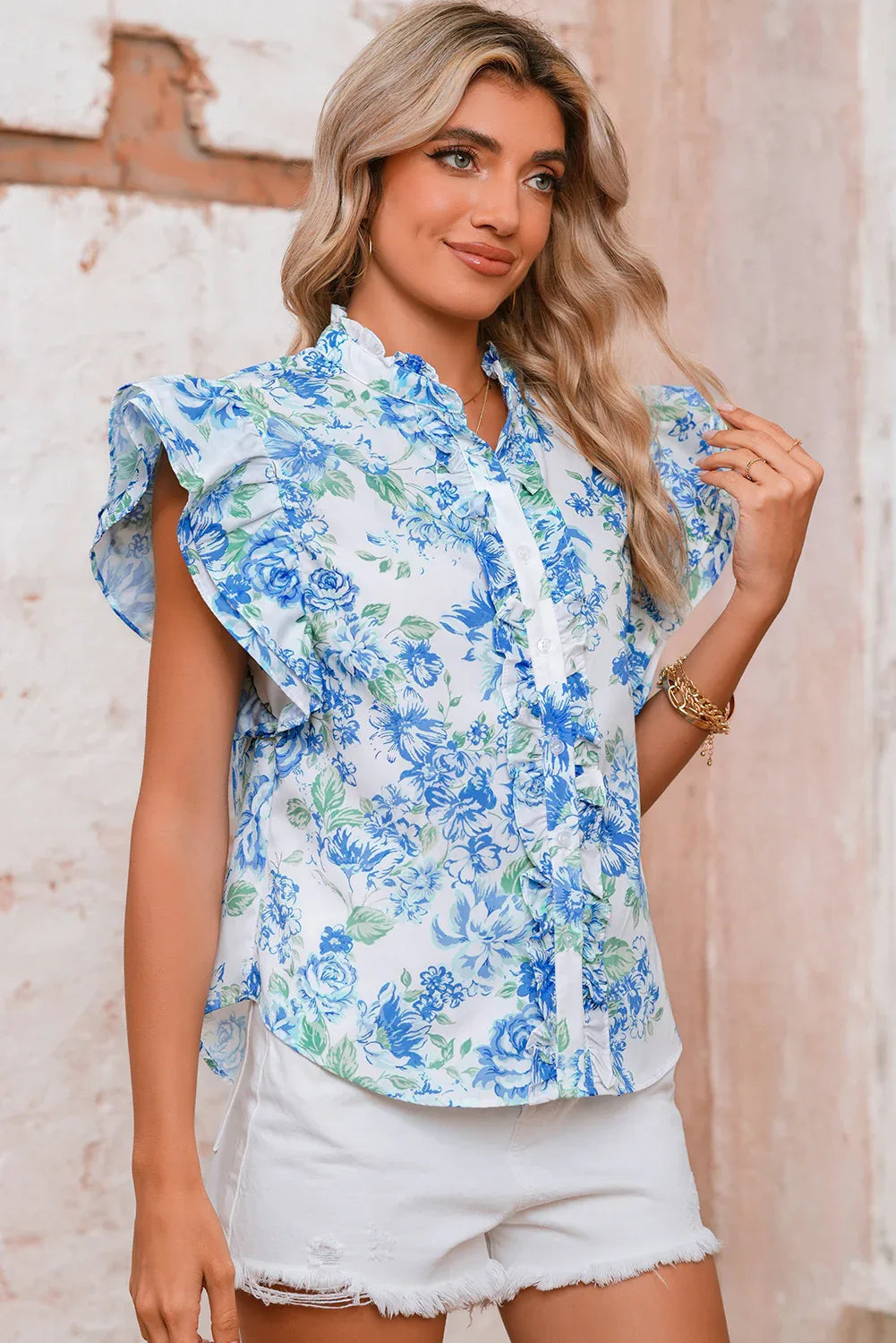Green Floral Print Ruffle Sleeve Frill Shirt - Shello's Creative Boutique