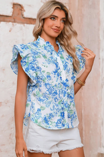 Green Floral Print Ruffle Sleeve Frill Shirt - Shello's Creative Boutique