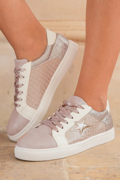 Silver Glitter Star Sneakers - PU Leather Patchwork Trainers - Shello's Creative Boutique