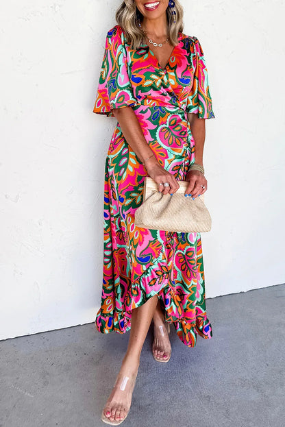 Rose Tropical Plant Print Surplice V Neck Ruffle Hem Maxi Dress - Shello's Creative Boutique