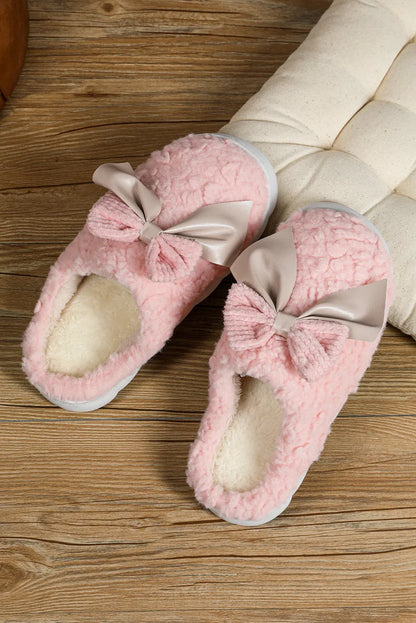 White Contrast Bowknot Applique Plush Winter Slippers - Shello's Creative Boutique