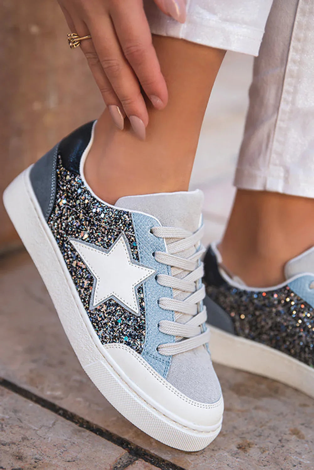 Silver Sequin Star Patch Lace Up Shoes - Shello's Creative Boutique