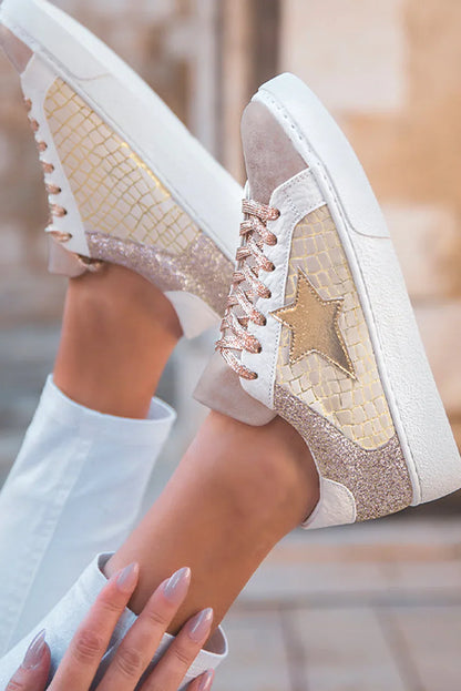Silver Glitter Star Sneakers - PU Leather Patchwork Trainers - Shello's Creative Boutique