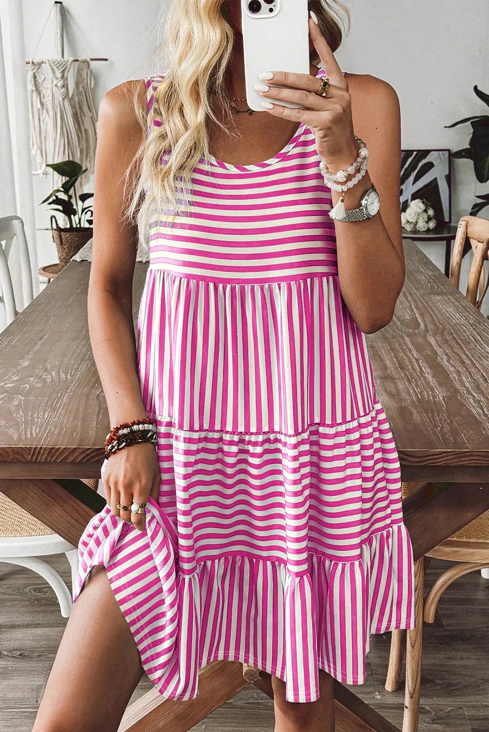 Rose Stripe U Neck Sleeveless Loose Fit Mini Dress - Shello's Creative Boutique