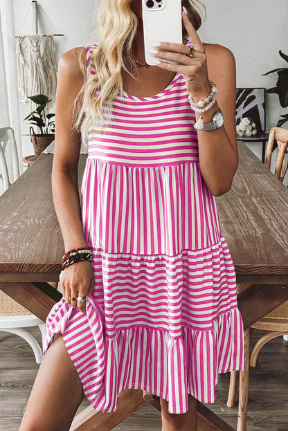 Rose Stripe U Neck Sleeveless Loose Fit Mini Dress - Shello's Creative Boutique