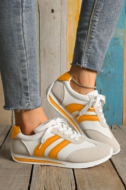 White Patchwork Breathable Lace-Up Sneakers – Style Meets Comfort in Every Step - Shello's Creative Boutique