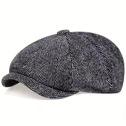 Men&Apos;S Retro Herringbone Flat Cap - Black Casual Beret with Vintage Style, Knitted Polyester, Perfect for Valentine&Apos;S Day, Everyday Headwear | Vintage Flat Cap | Knitted Texture Shello's Creative Boutique